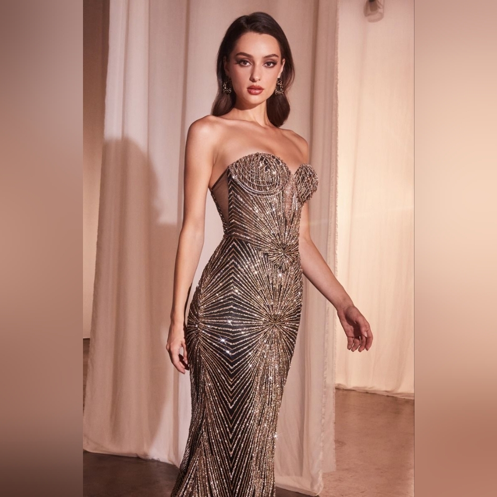 Strapless Black Gold Embellished Gown By Ladivine J871
